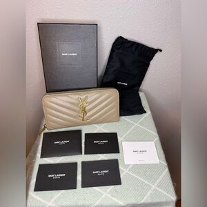 Saint Laurent Taupe Chevron Quilted Zip Wallet with Gold YSL